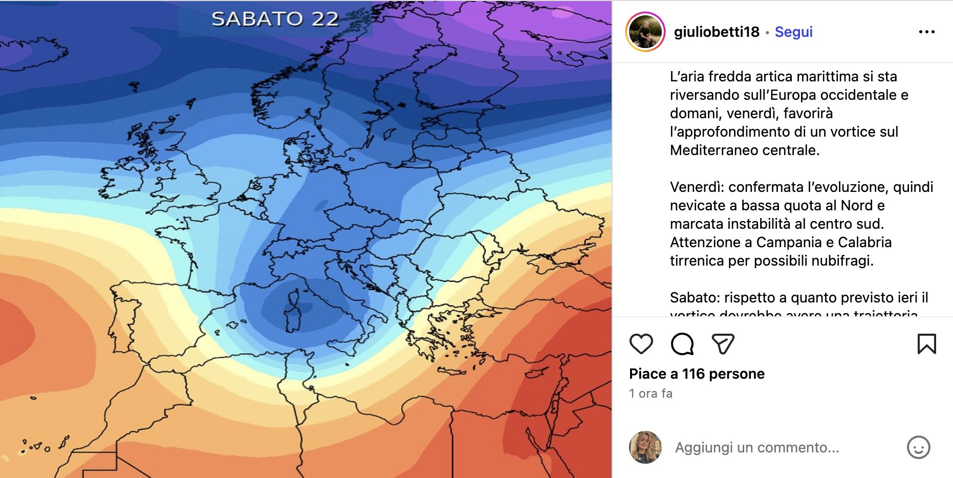 Screen del post di Giulio Betti su Instagram.