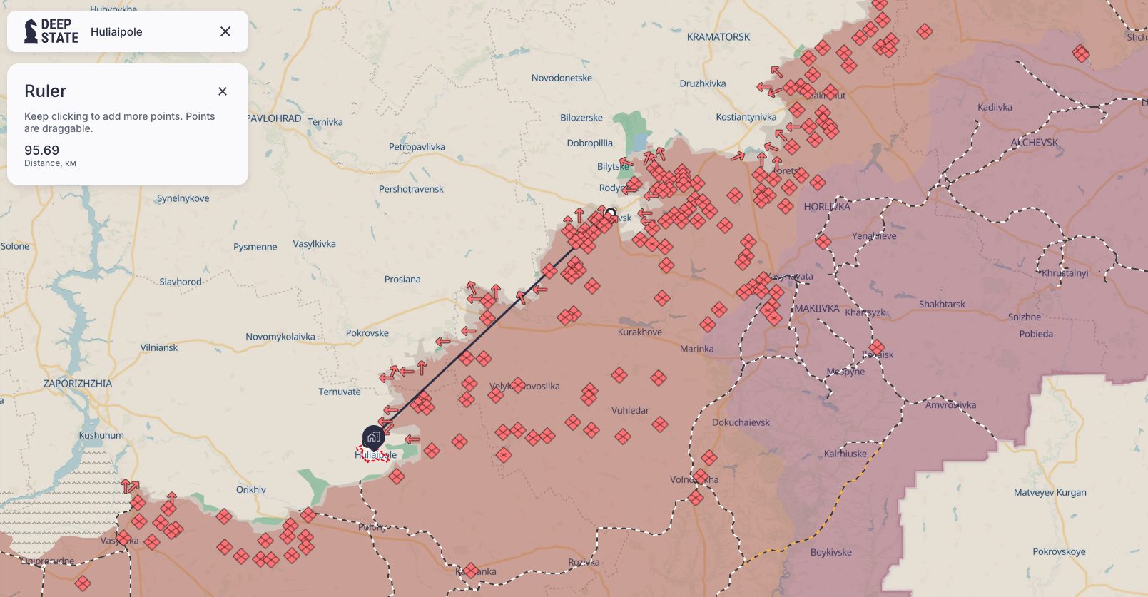 La distanza che separa Pokrovsk da Huliaipole. Fonte: DeepState