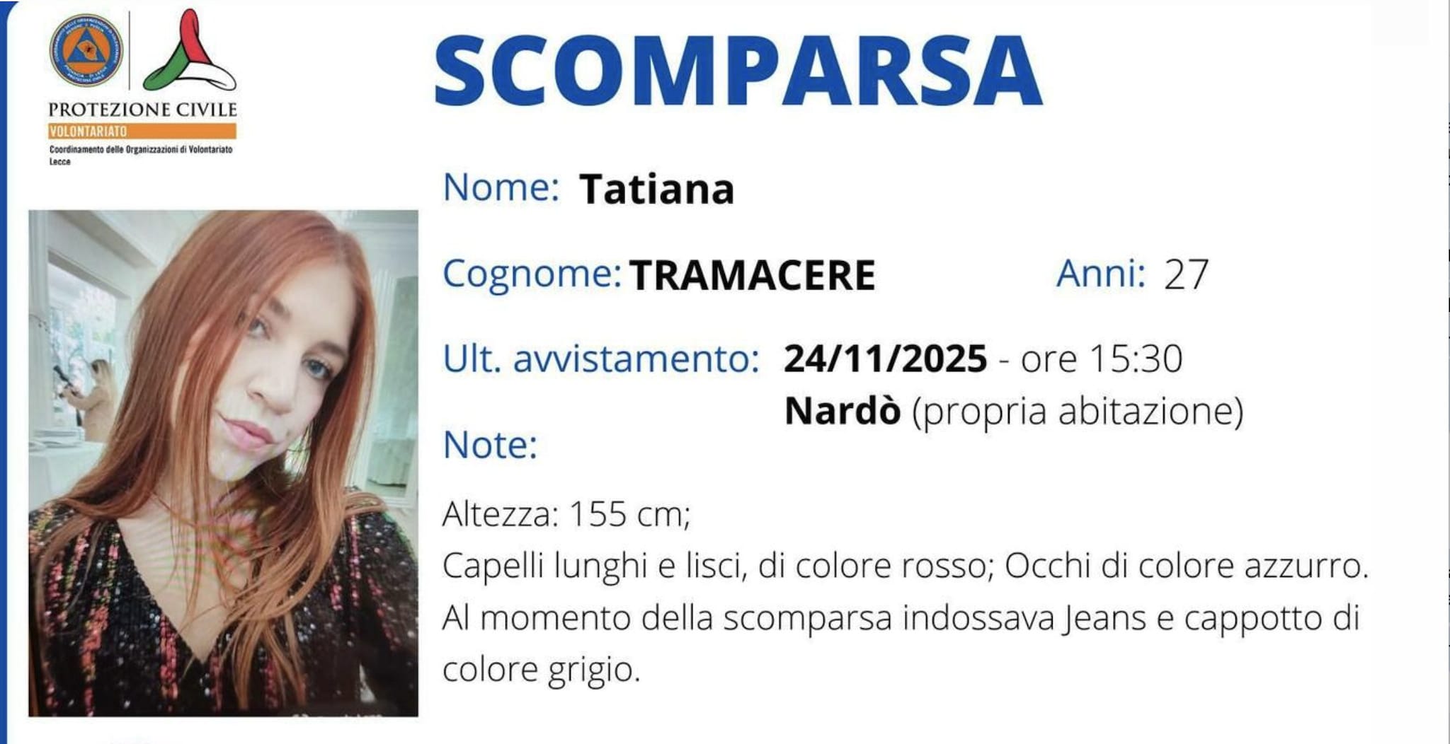 Ricerche Tatiana Tramacere, 27 anni
