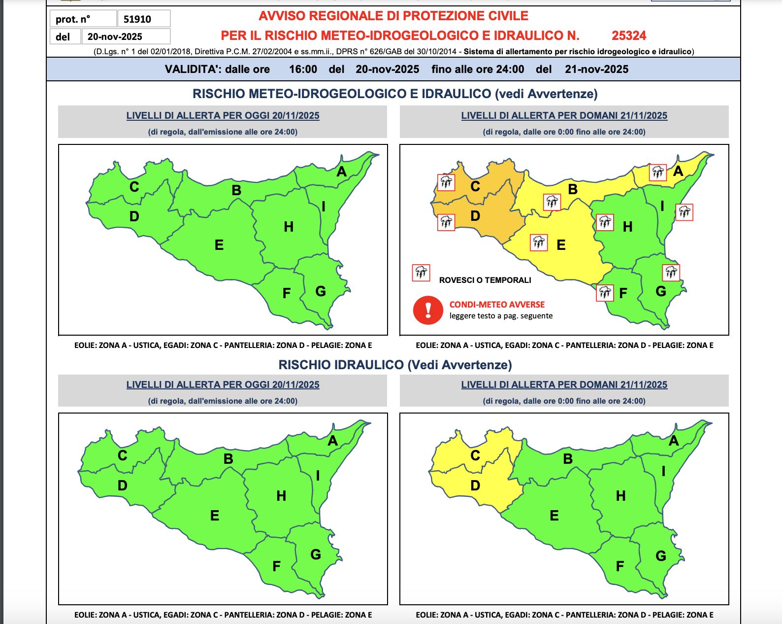 L’allerta pubblicata dalla Protezione civile della Regione Sicilia.