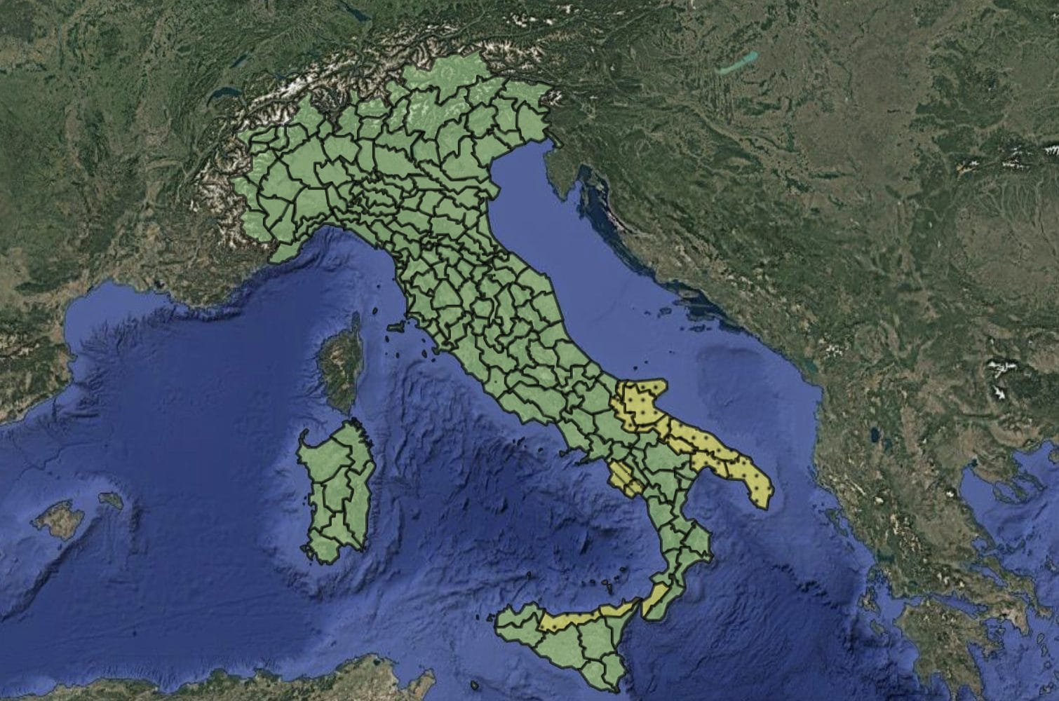 Le zone interessate dall’allerta meteo della Protezione Civile di lunedì 10 novembre.