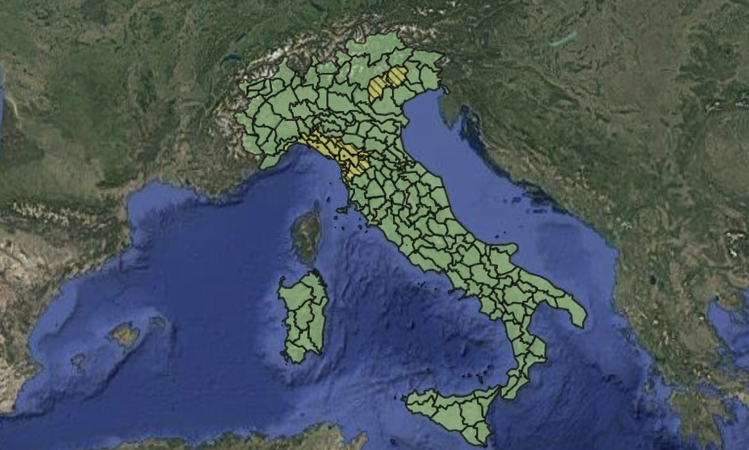 Le zone interessate dall’allerta gialla disposta dalla Protezione Civile per la giornata di domenica 2 novembre.