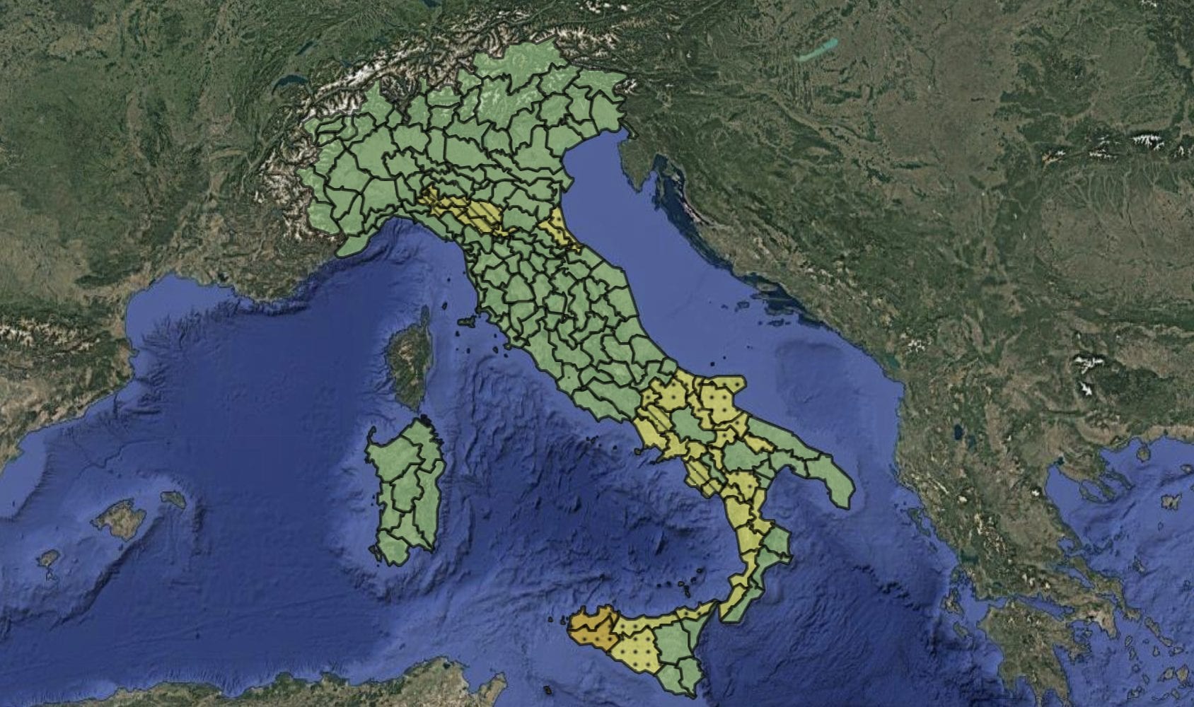 Le zone interessate dall’allerta meteo del Dipartimento della Protezione Civile.