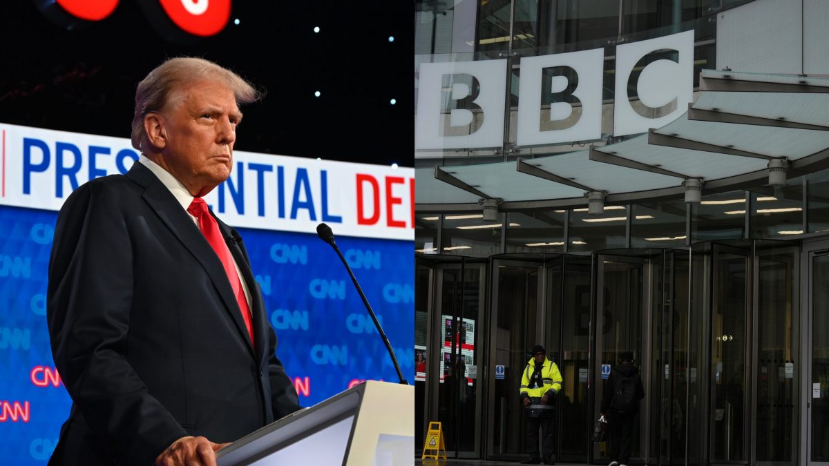 Il presidente degli Stati Uniti Donald Trump e l’ingresso della sede londinese della Bbc.