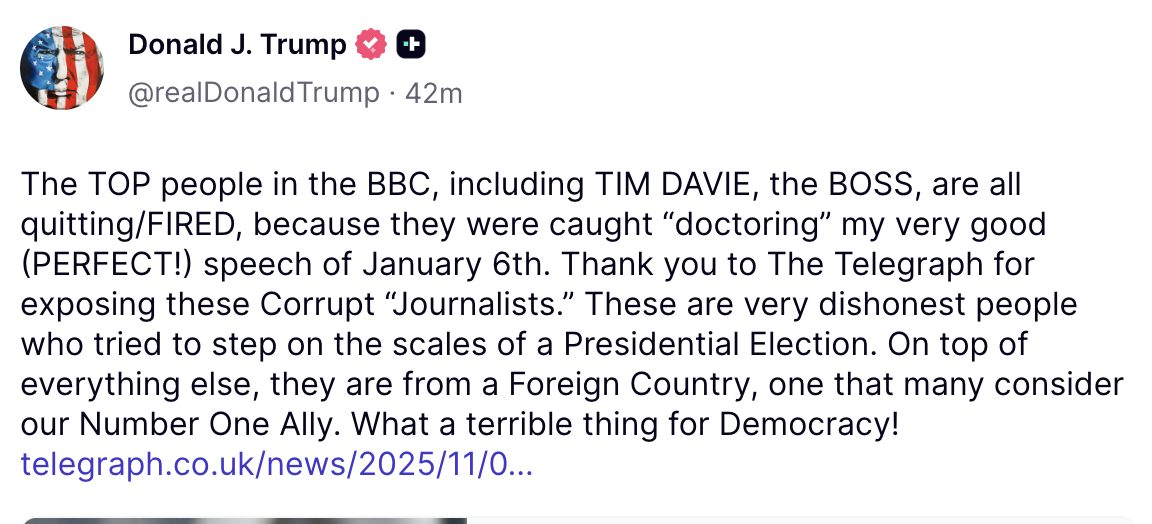 ll commento del presidente Usa Donald Trump pubblicato su Truth.