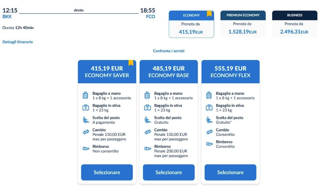 Il costo della tratta Bangkok–Roma