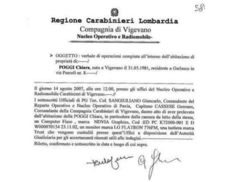 Il verbale dei carabinieri del 14 agosto 2007 che precisano di aver sequestrato il computer di Chiara Poggi