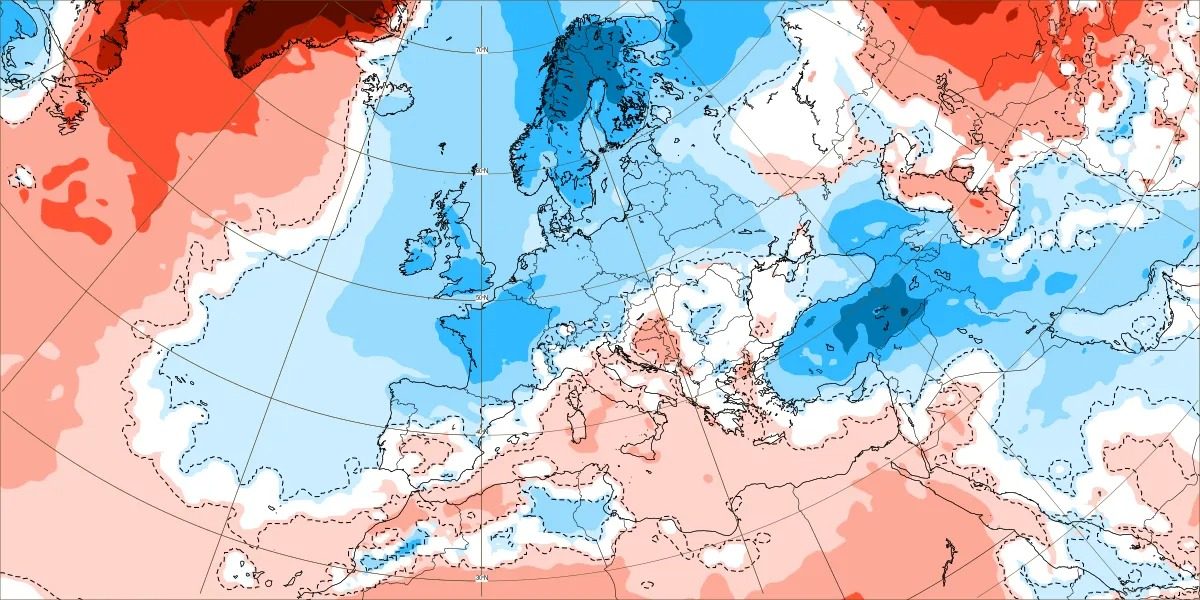 Anomalia di temperatura nella prima decade di gennaio, con Europa divisa tra freddo intenso a Nord e Ovest e caldo anomalo a Sud e a Est.