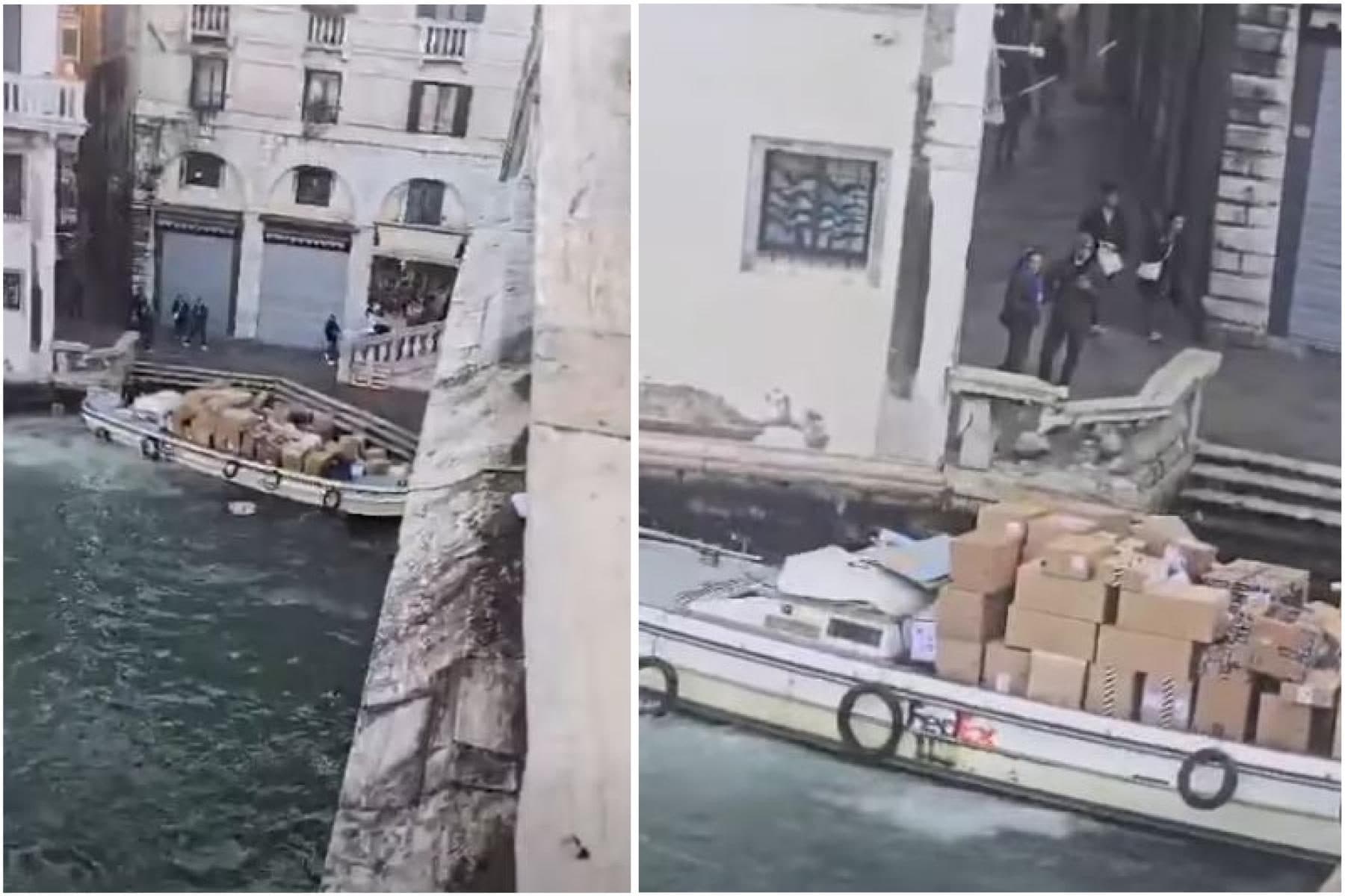 Venezia, donna ruba barca piena di pacchi e si schianta sul Ponte di Rialto: danni ingenti, il video