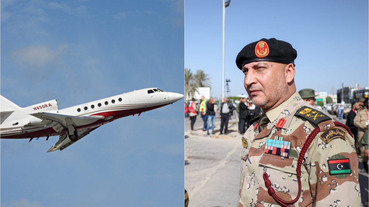 A sinistra, un jet Falcon 50 (immagine di repertorio); a destra, Mohammed Al–Haddad.