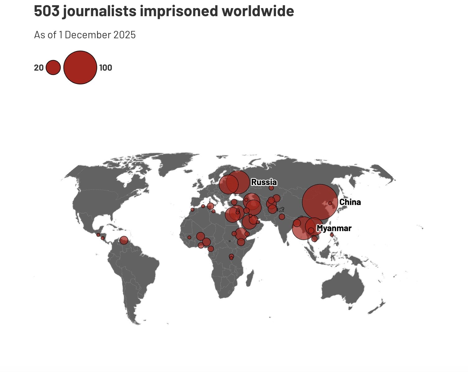 Mappa Reporters without borders – giornalisti arrestati nel mondo (Vianney Loriquet / RSF)