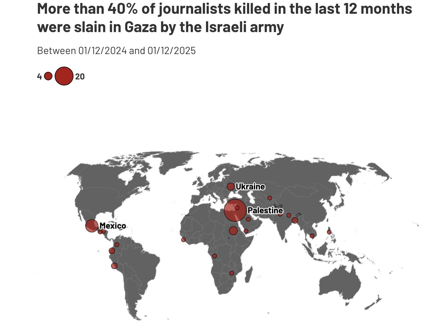 Mappa di Reporters Without Borders – giornalisti uccisi nel 2025(Vianney Loriquet / RSF)