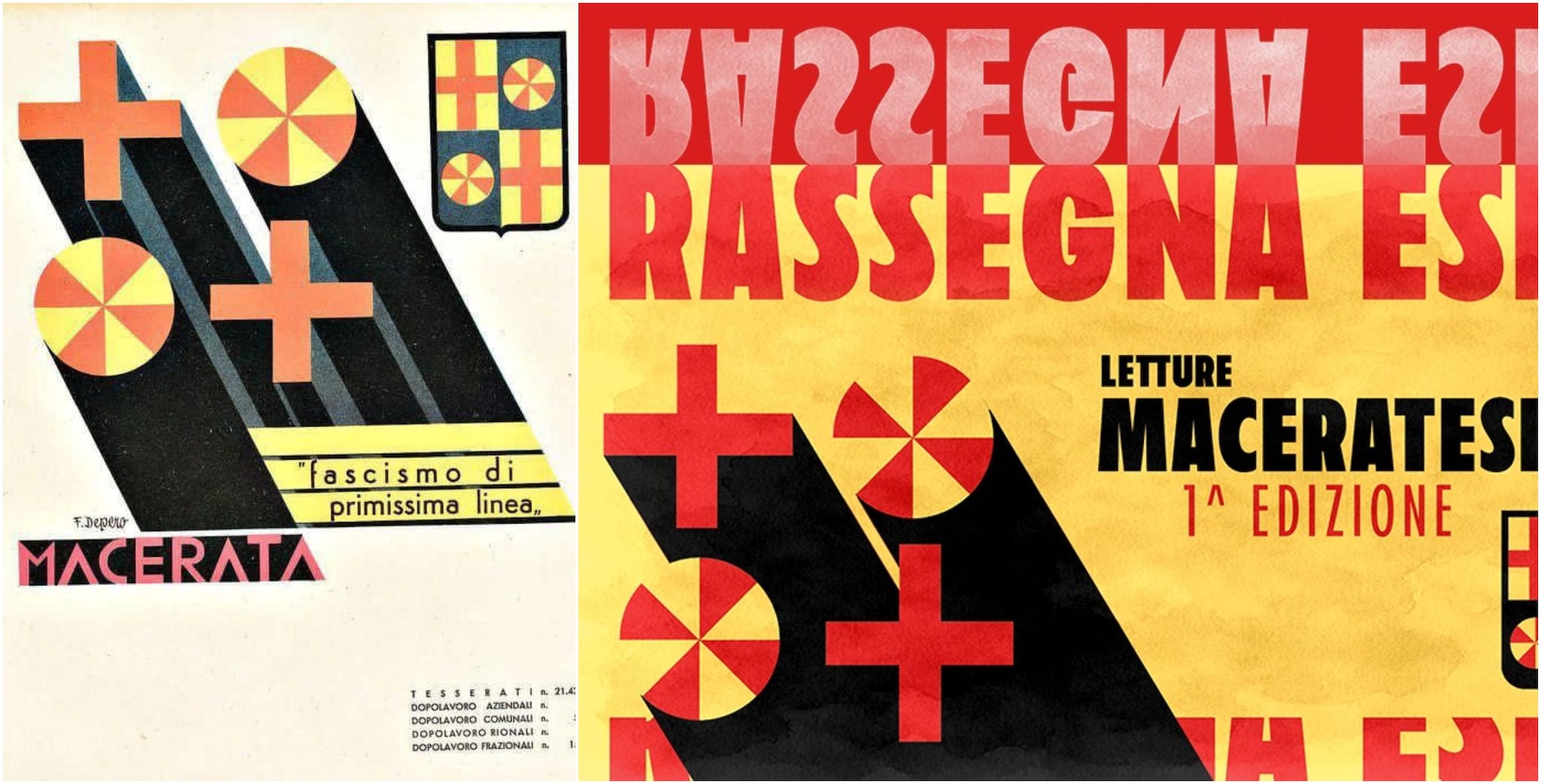 A sinistra, l’opera di Fortunato Depero; a destra, il manifesto della Rassegna Esplicita di Macerata