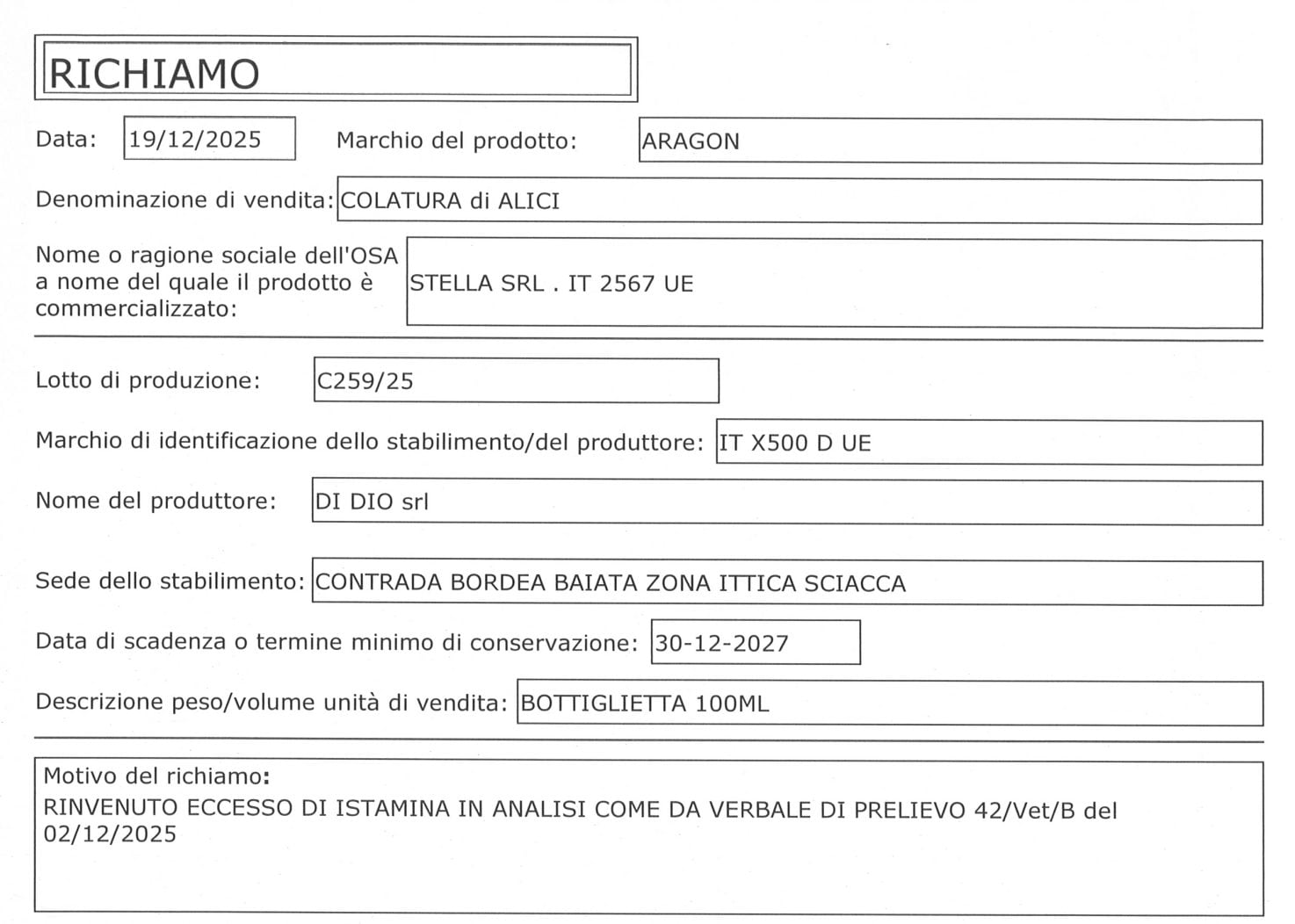 Il richiamo pubblicato sul sito del Ministero della Salute