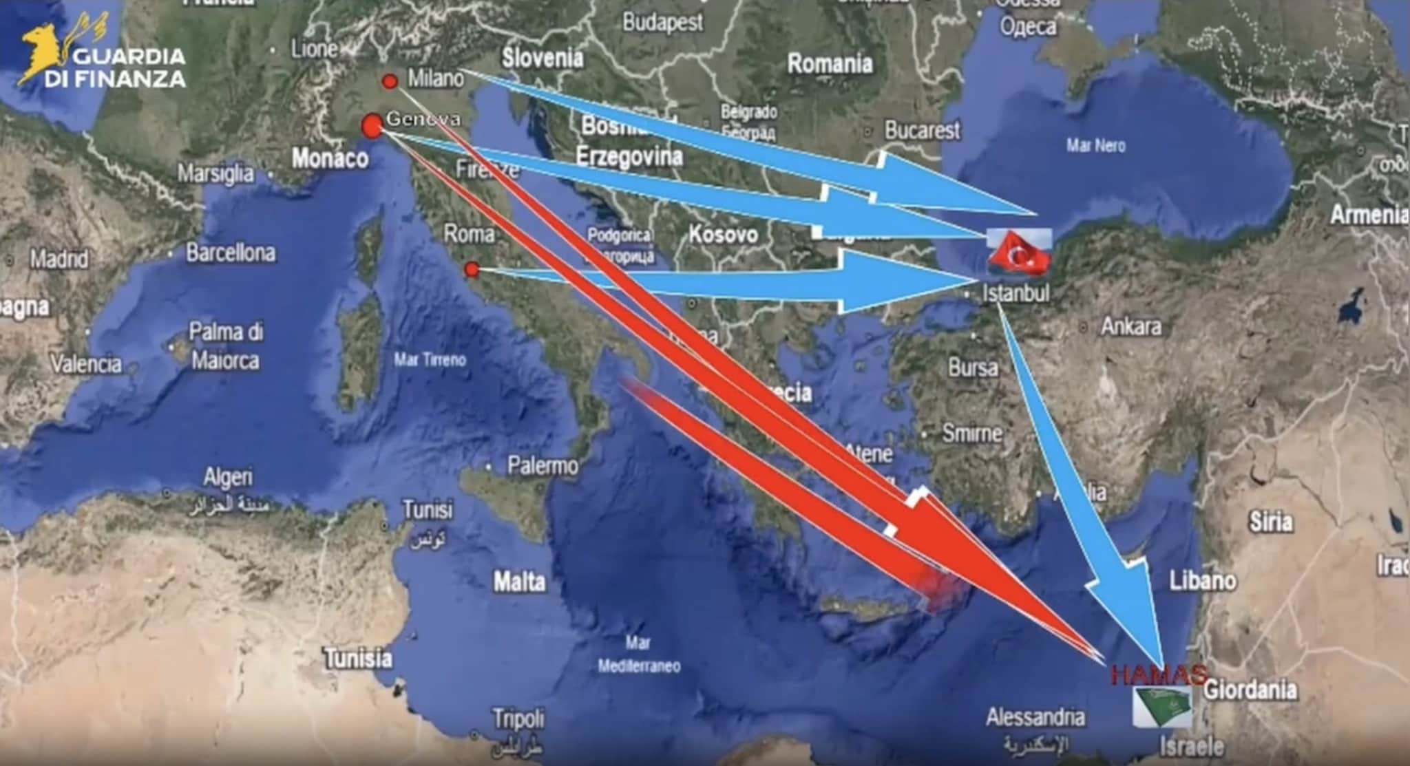 Il flusso dei finanziamenti ad Hamas, secondo la Procura: in parte inviati direttamente, in parte mediati tramite alcuni collaboratori in Turchia.