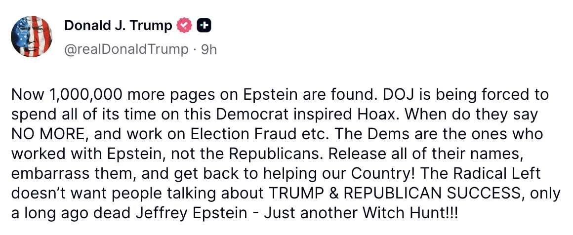 Il post pubblicato da Trump sui file Epstein sul suo social Truth.