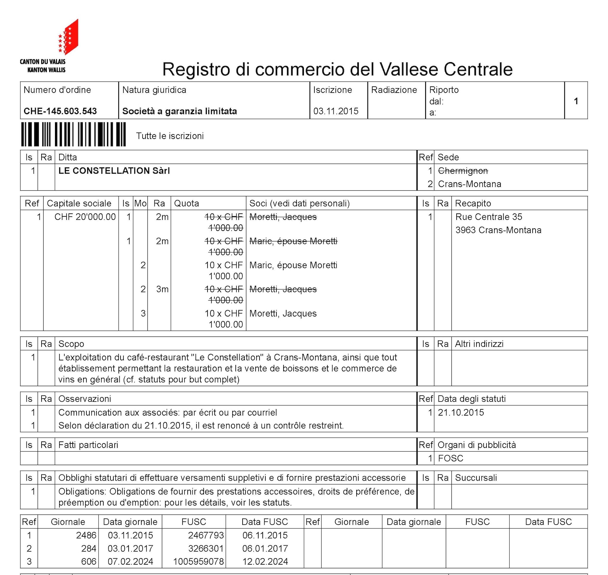 Il documento depositato nel Registro di commercio del Vallese Centrale