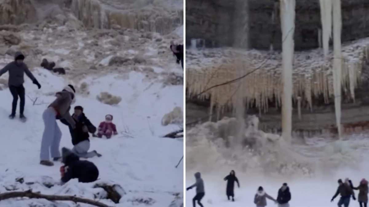 Una cascata di ghiaccio in Estonia si stacca dalla parete e travolge i turisti