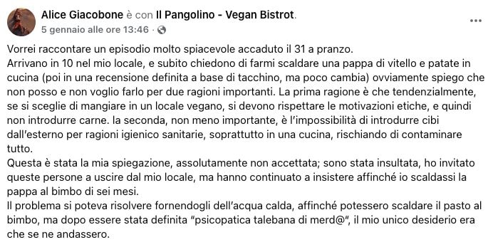 Un estratto del post della ristoratrice