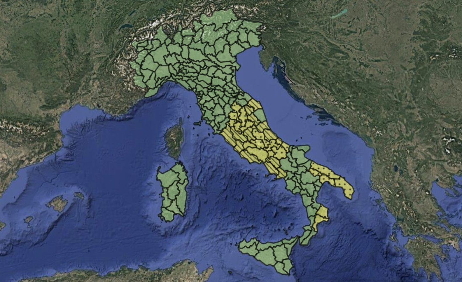 Le zone interessate dall’allerta meteo di lunedì 5 gennaio 2026.