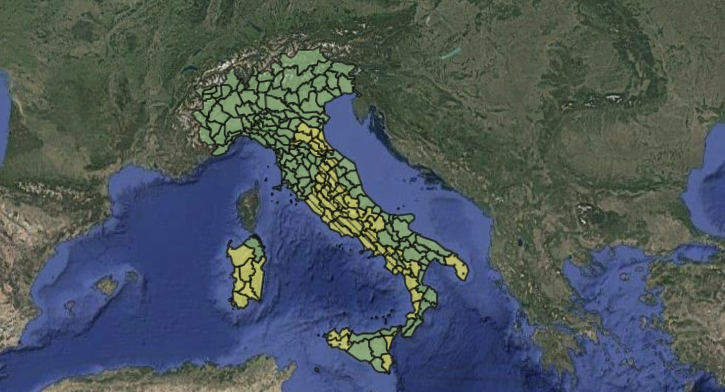 La mappa delle zone interessate dall’allerta meteo diffusa dalla Protezione Civile.