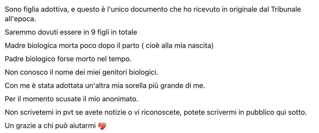 L’appello di Samantha pubblicato sui social.