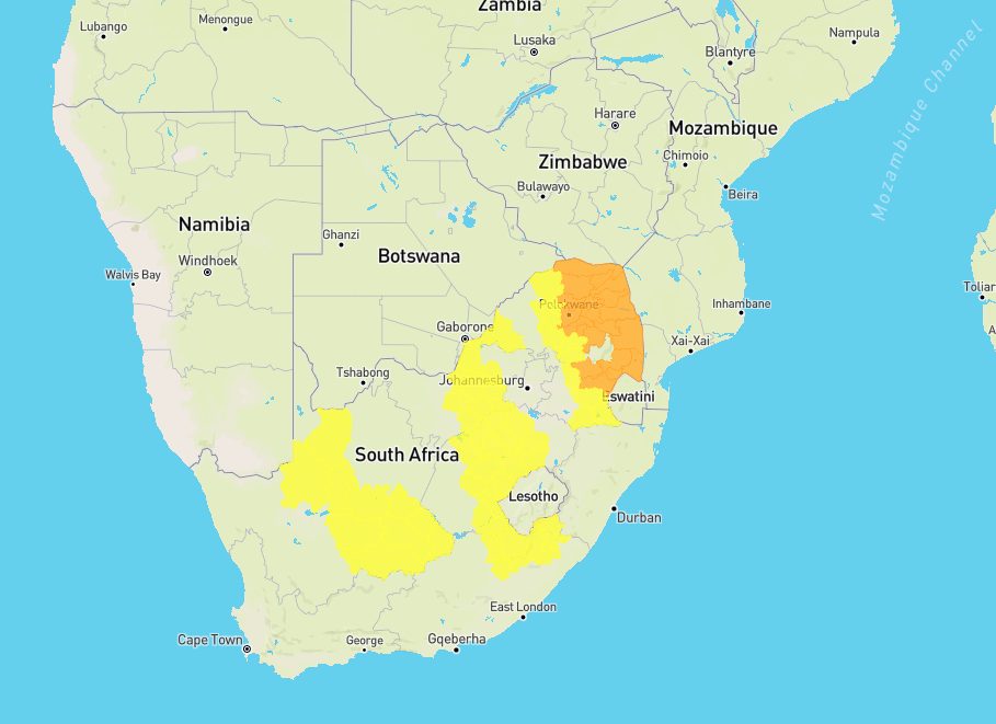 Le aree più colpite del Sudafrica (Fonte: Servizio Meteorologico SAWS)