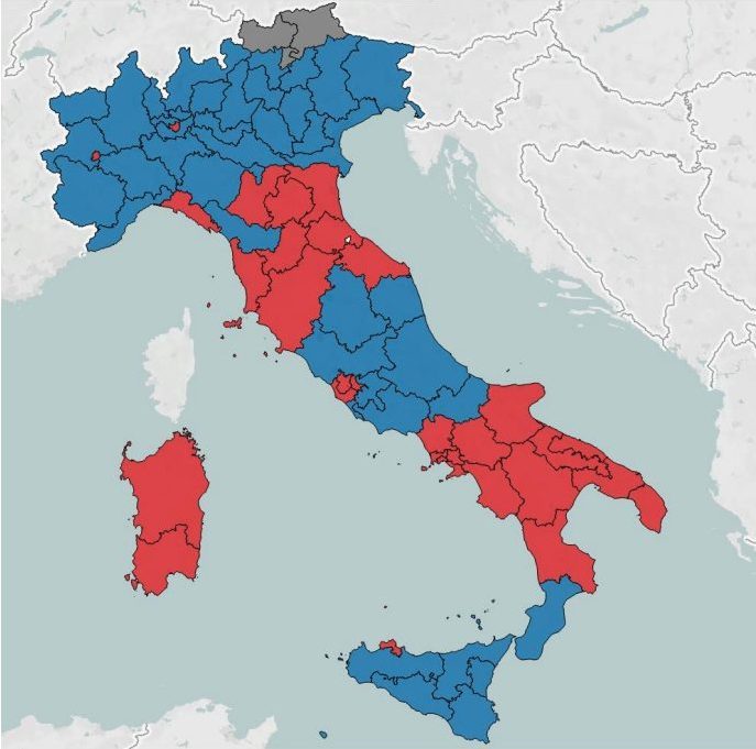 La distribuzione delle circoscrizioni vinte dal centrodestra (blu) e dal centrosinistra (rosso) se si votasse oggi: risultati del Senato