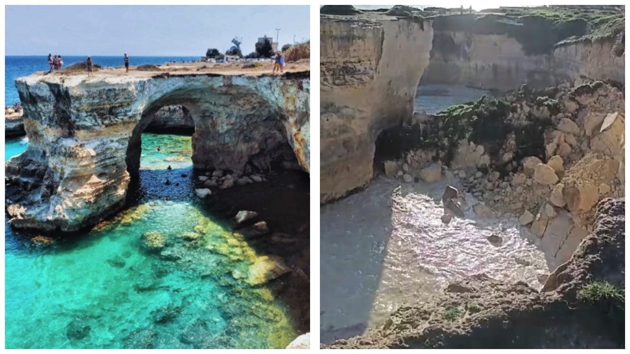 Crollati faraglioni di Sant’Andrea, maltempo distrugge l’Arco degli innamorati: addio a un simbolo del Salento