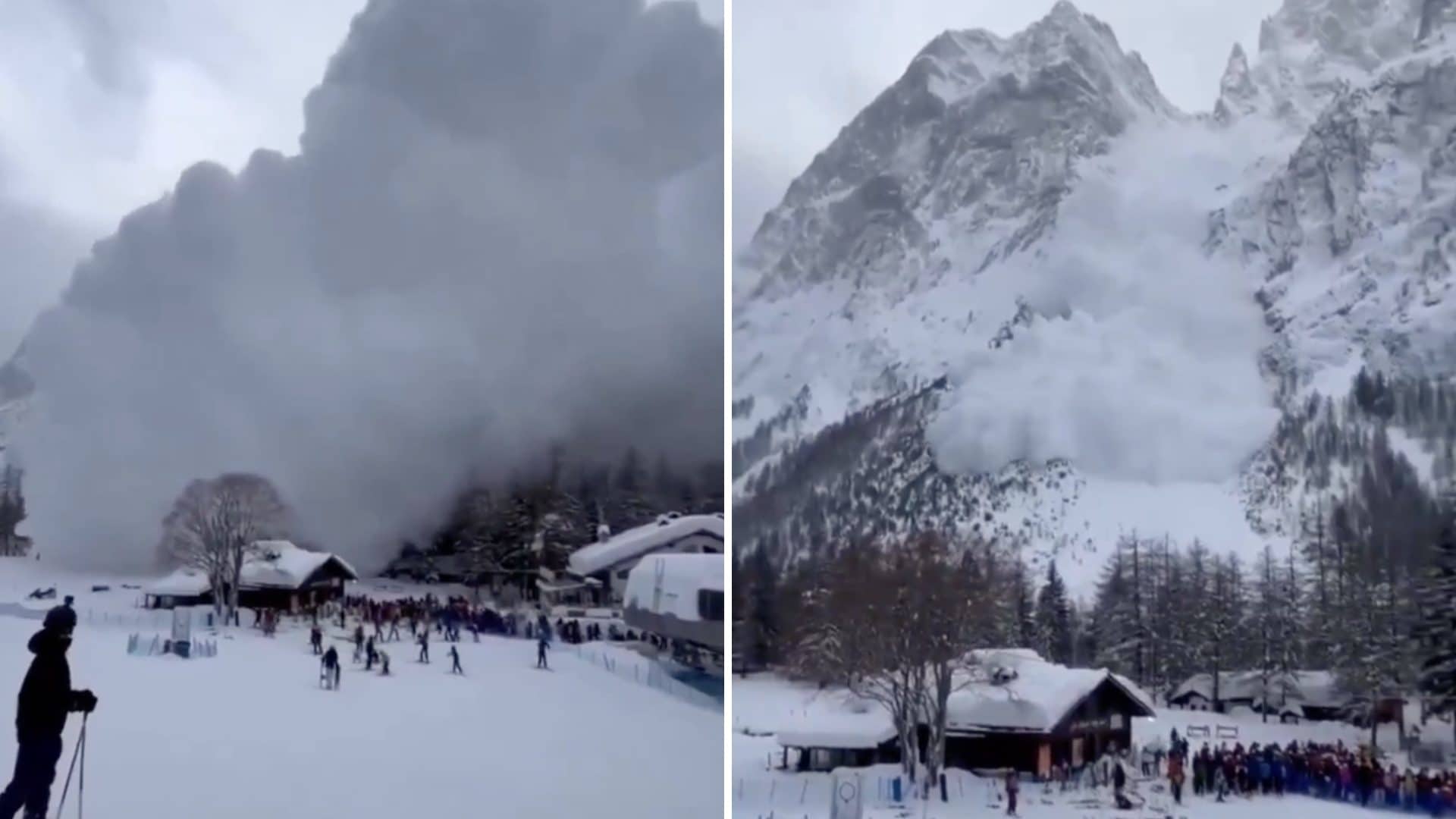 Il soffio della valanga sfiora le case in Val Veny: il video impressionante della "polvere di neve" sugli sciatori