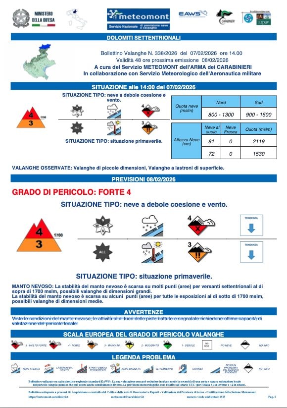 Il bollettino valanghe diramato per la giornata di oggi