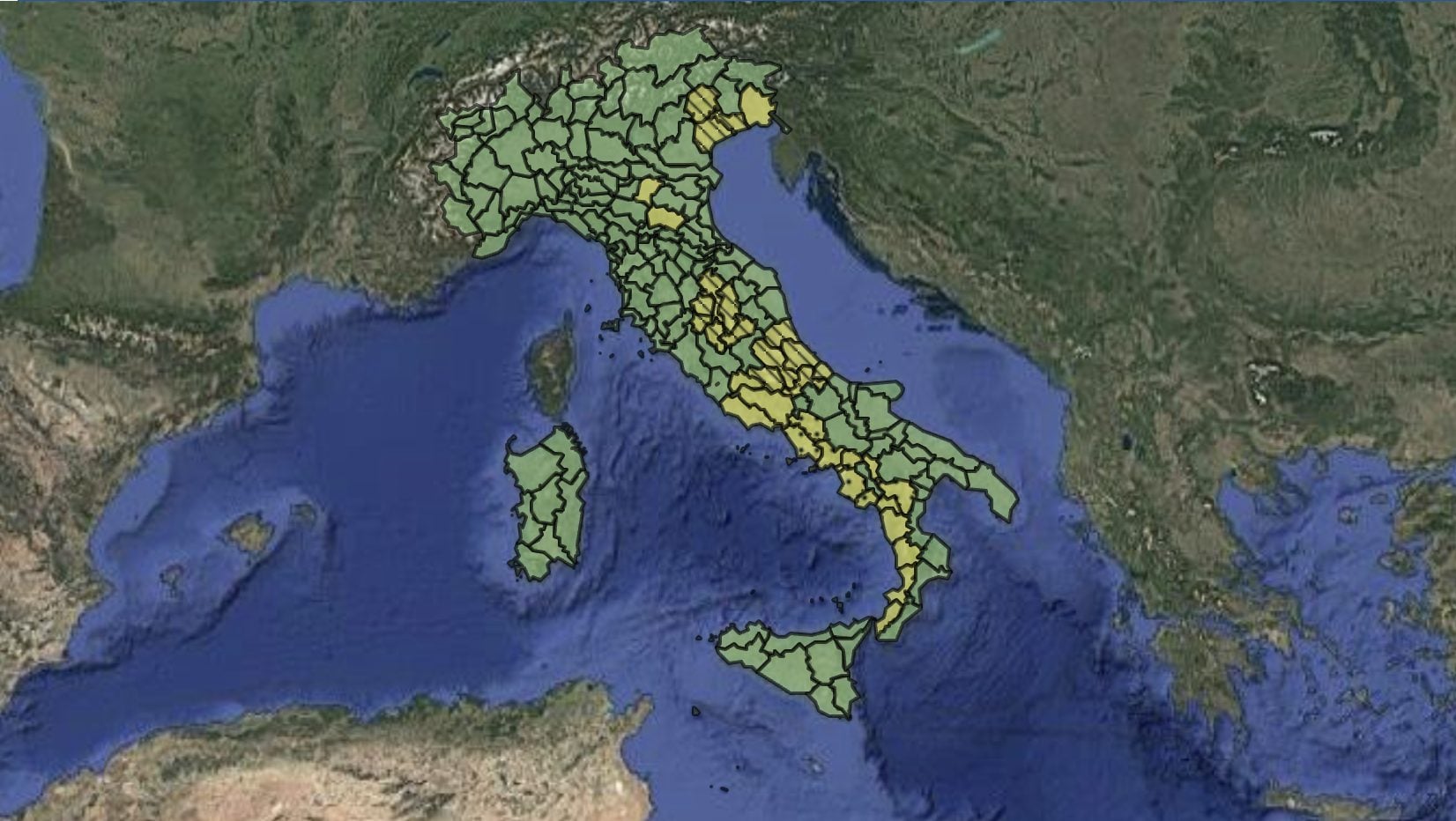 Le zone interessate dall’allerta di giovedì 5 febbraio 2026 disposta dalla Protezione Civile.