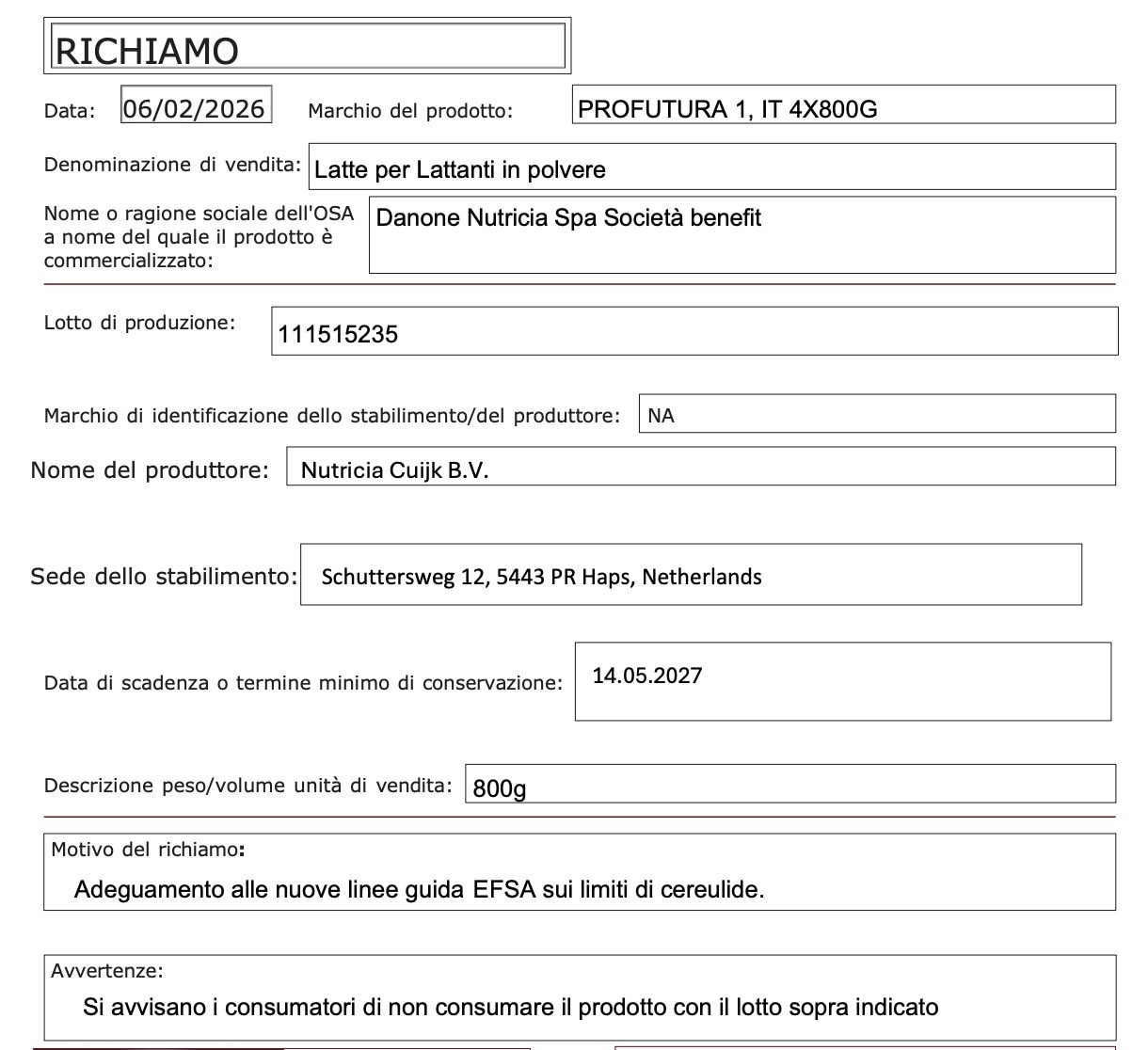 Uno dei tanti richiami del latte comunicati dal Ministero della Salute