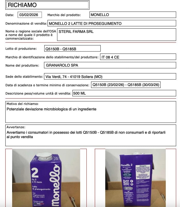 Il pdf del richiamo alimentare del Ministero della Salute