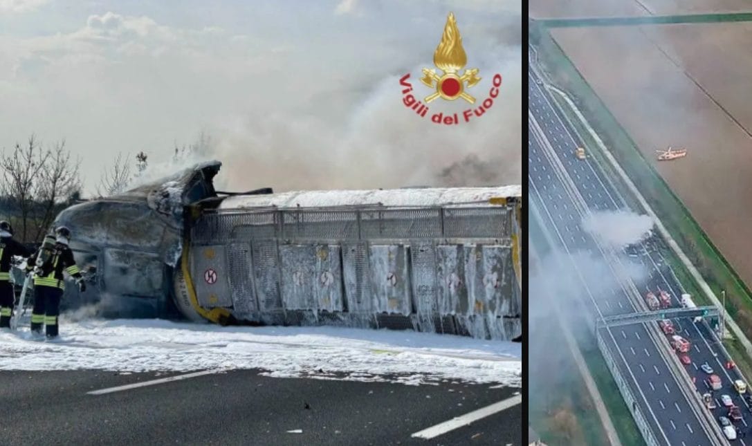 Camion carico di gas si ribalta in A4: caos in autostrada, un ferito. Colonna di fumo altissima