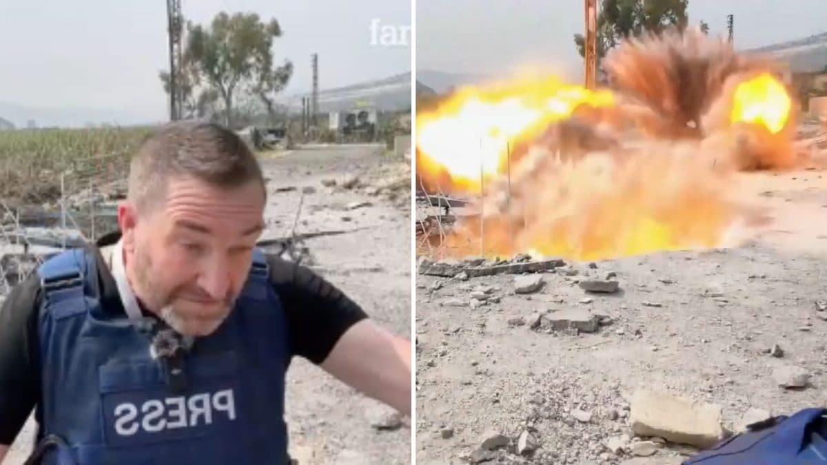 Il giornalista Steve Sweeney poco prima di mettersi al riparo dal missile