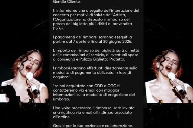 La mail di rimborso per i biglietti di Rosalia a Milano