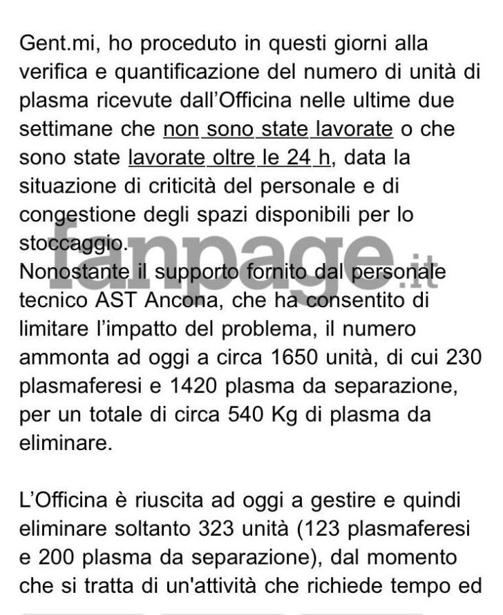 La situazione delle sacche di plasma buttate lunedì 23 marzo. Mail interna all’azienda sanitaria.
