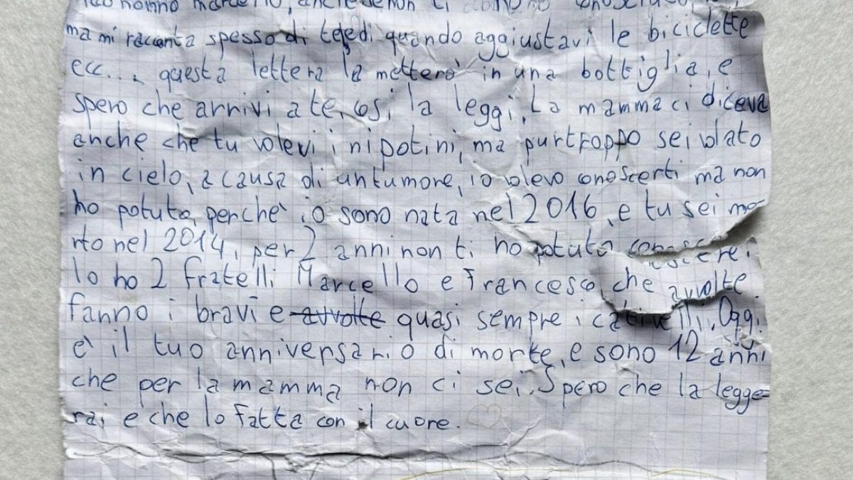 La lettera inviata dalla bimba al nonno Marcello che non ha mai conosciuto (Foto Facebook Lorenzo Quagliarella)
