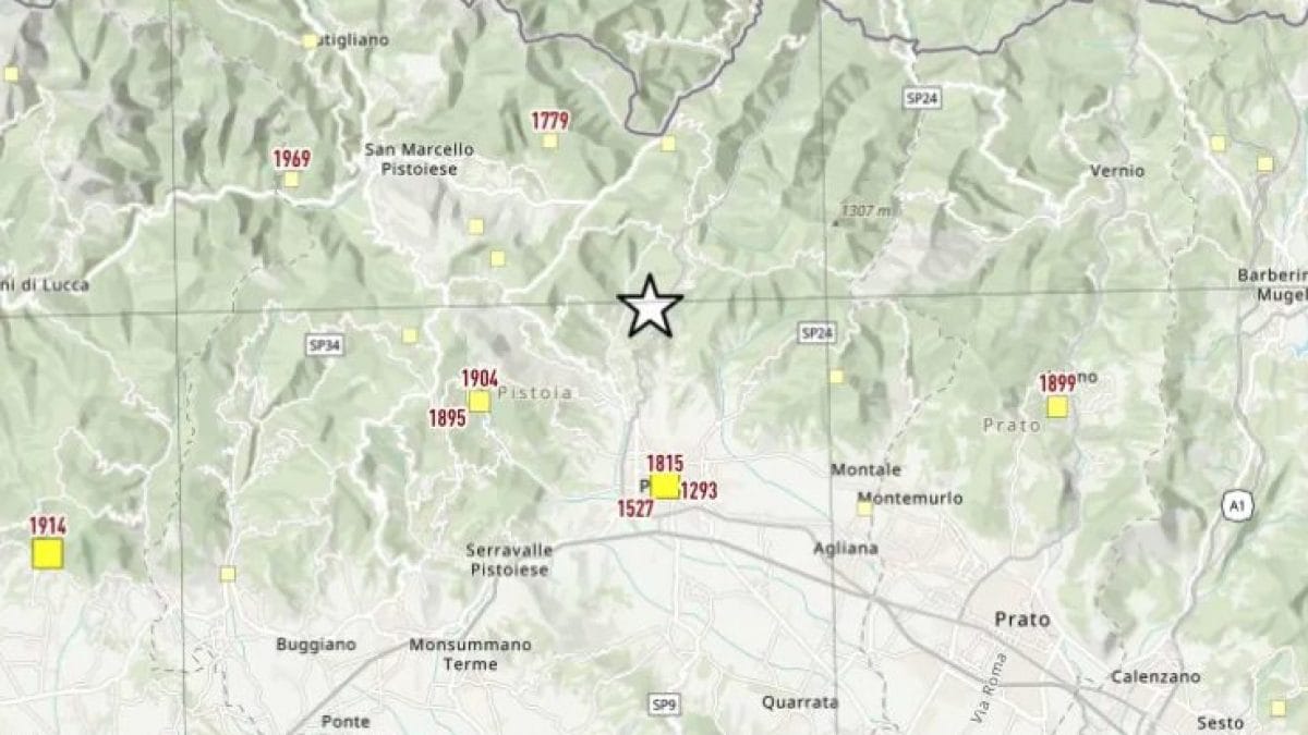 La mappa dell’Ingv con l’epicentro del terremoto delle 9,40 nel Pistoiese