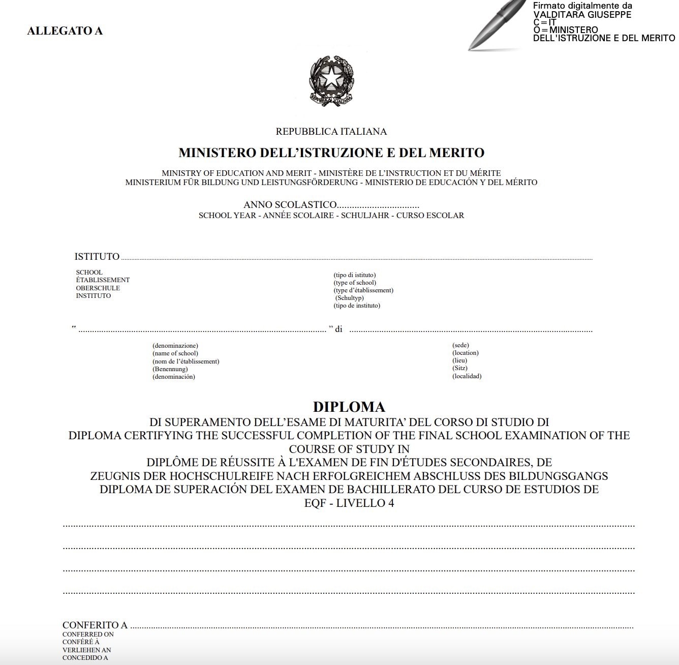 Fac-simile del nuovo modello di diploma digitale.