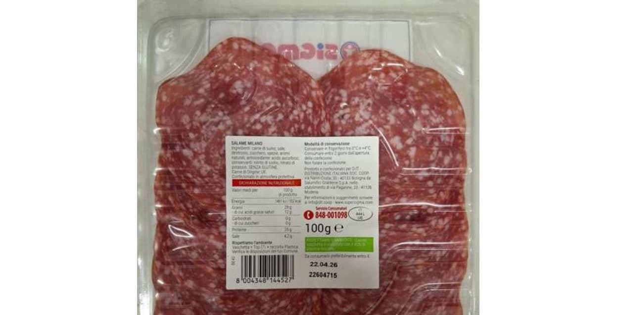 Supermercati Sigma richiamano Salame Milano affettato per rischio Salmonella: il lotto interessato
