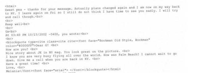 La mail cordiale da Melania a Maxwell nel 2002