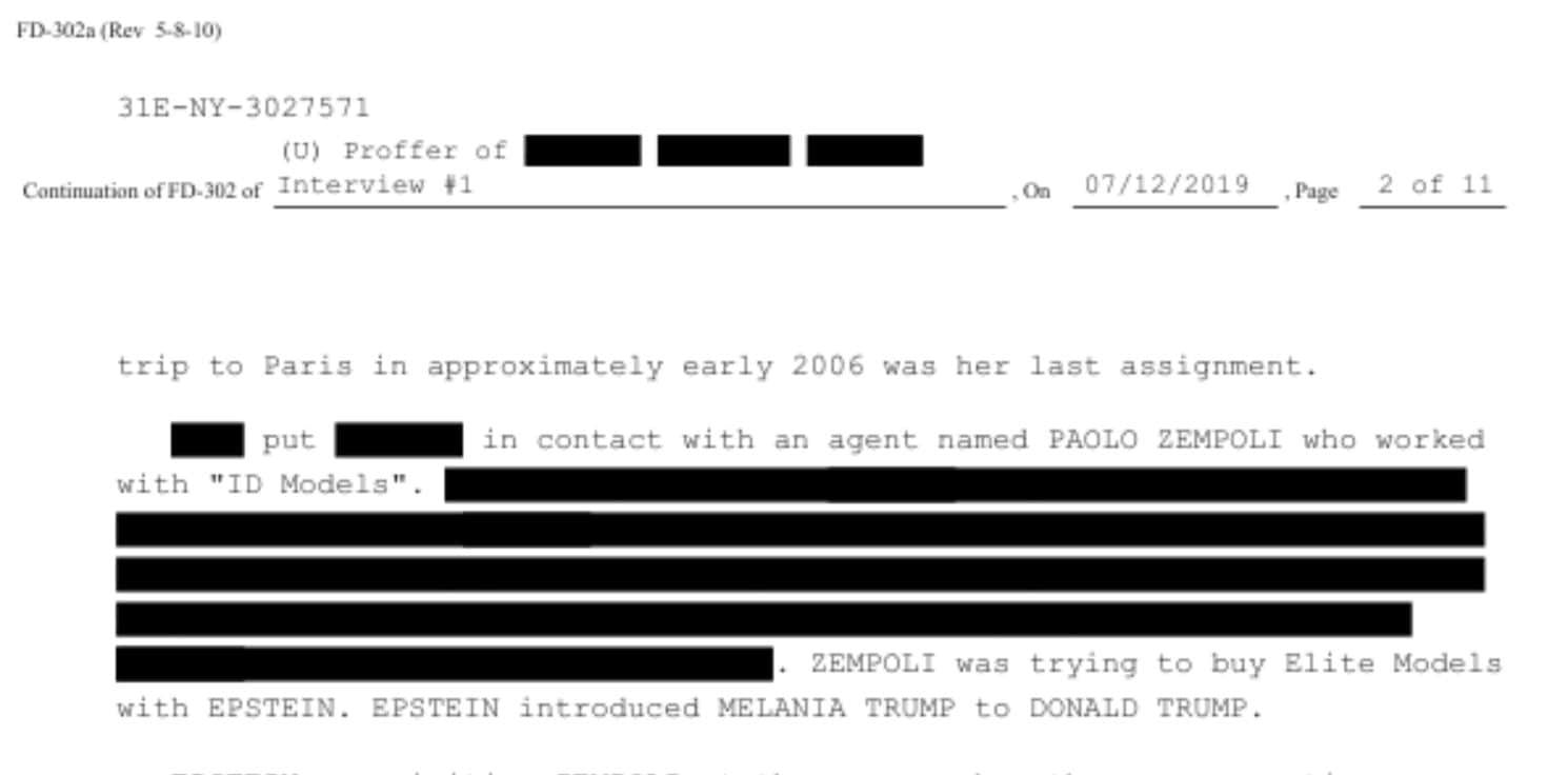 Il documento degli Epstein files in cui un testimone riporta che il finanziere avrebbe presentato Melania a Donald.