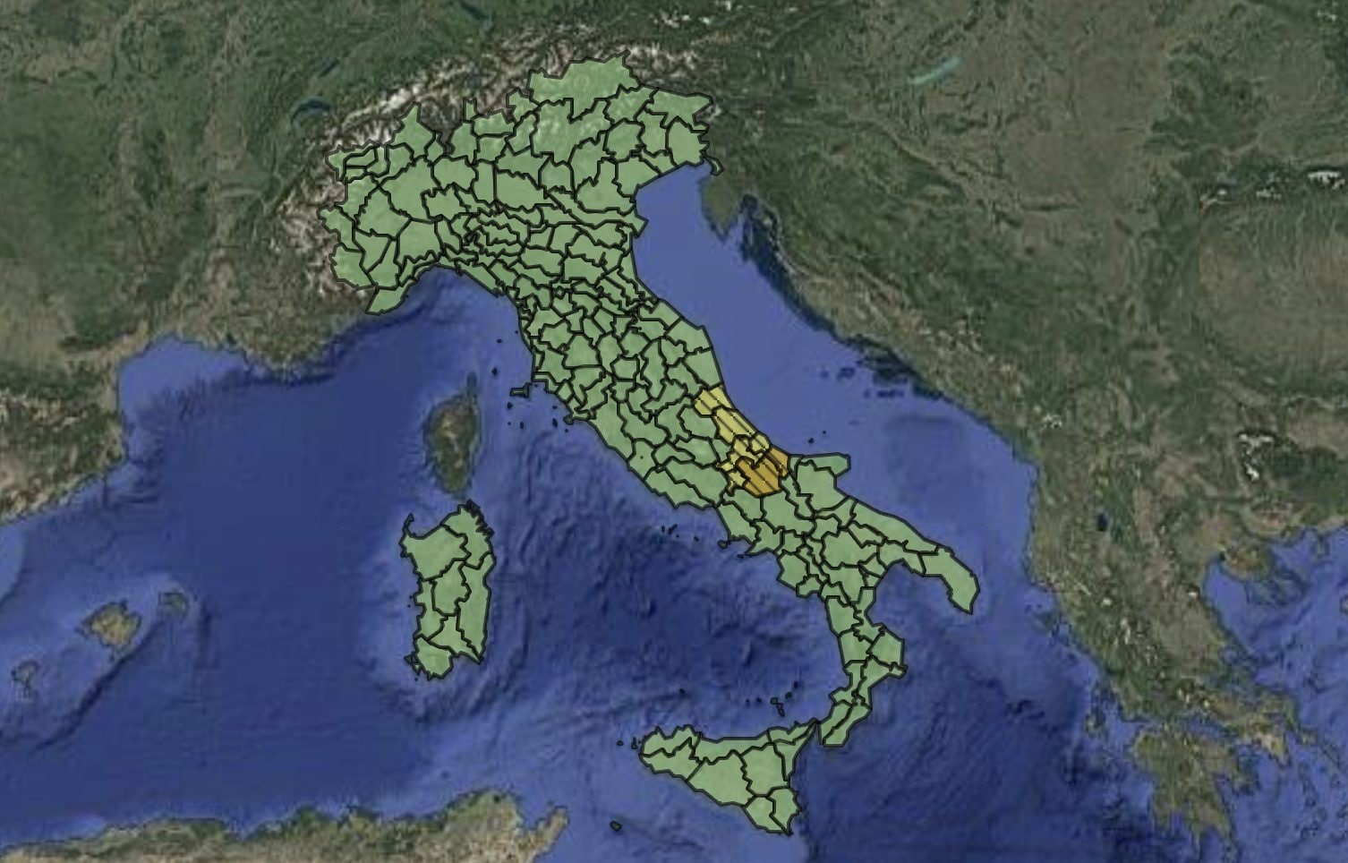 La mappa del Dipartimento della Protezione Civile con le zone interessate dall’allerta.