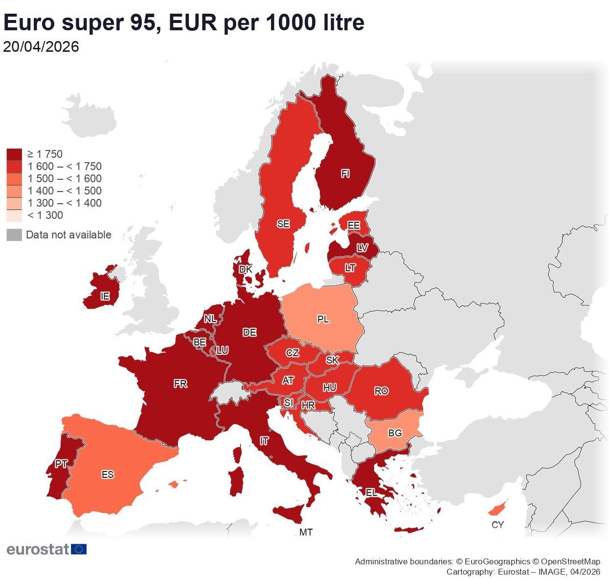 La mappa dei prezzi della benzina nell’Unione europea, aggiornata al 20 aprile. Fonte: Commissione europea