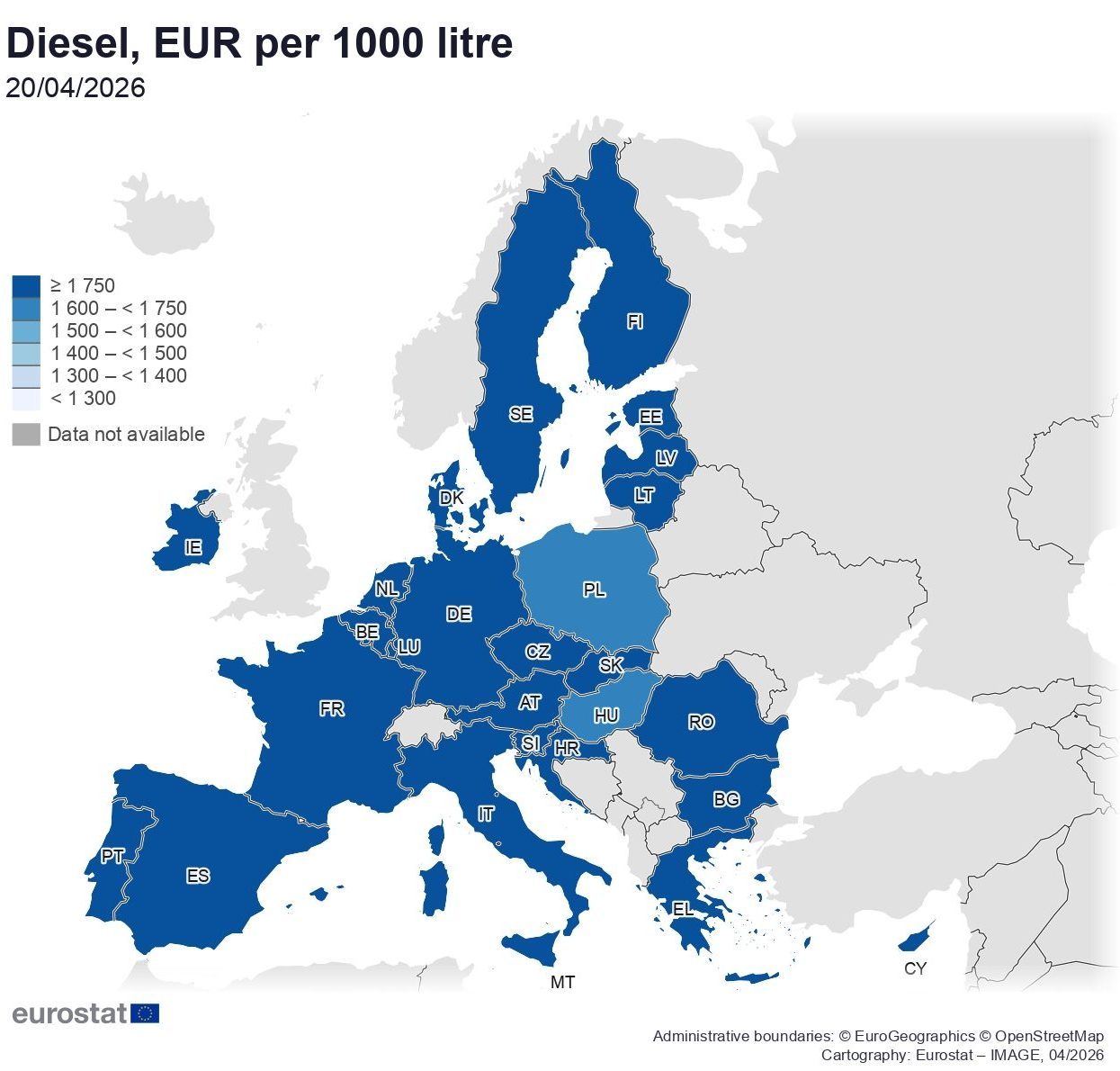 La mappa dei prezzi del gasolio nell’Unione europea, aggiornata al 20 aprile. Fonte: Commissione europea