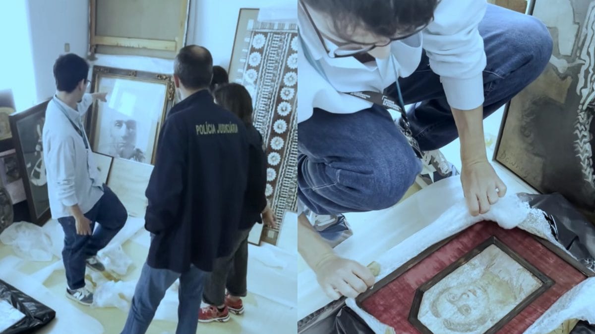 Gli agenti all’interno della villa con le opere d’arte sequestrate – Frame da video della Polizia giudiziaria portoghese.