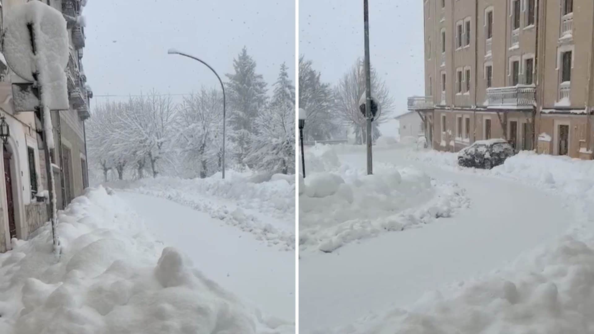 La tempesta Erminio imbianca l'Abruzzo: le immagini del borgo di Rivisondoli coperto di neve