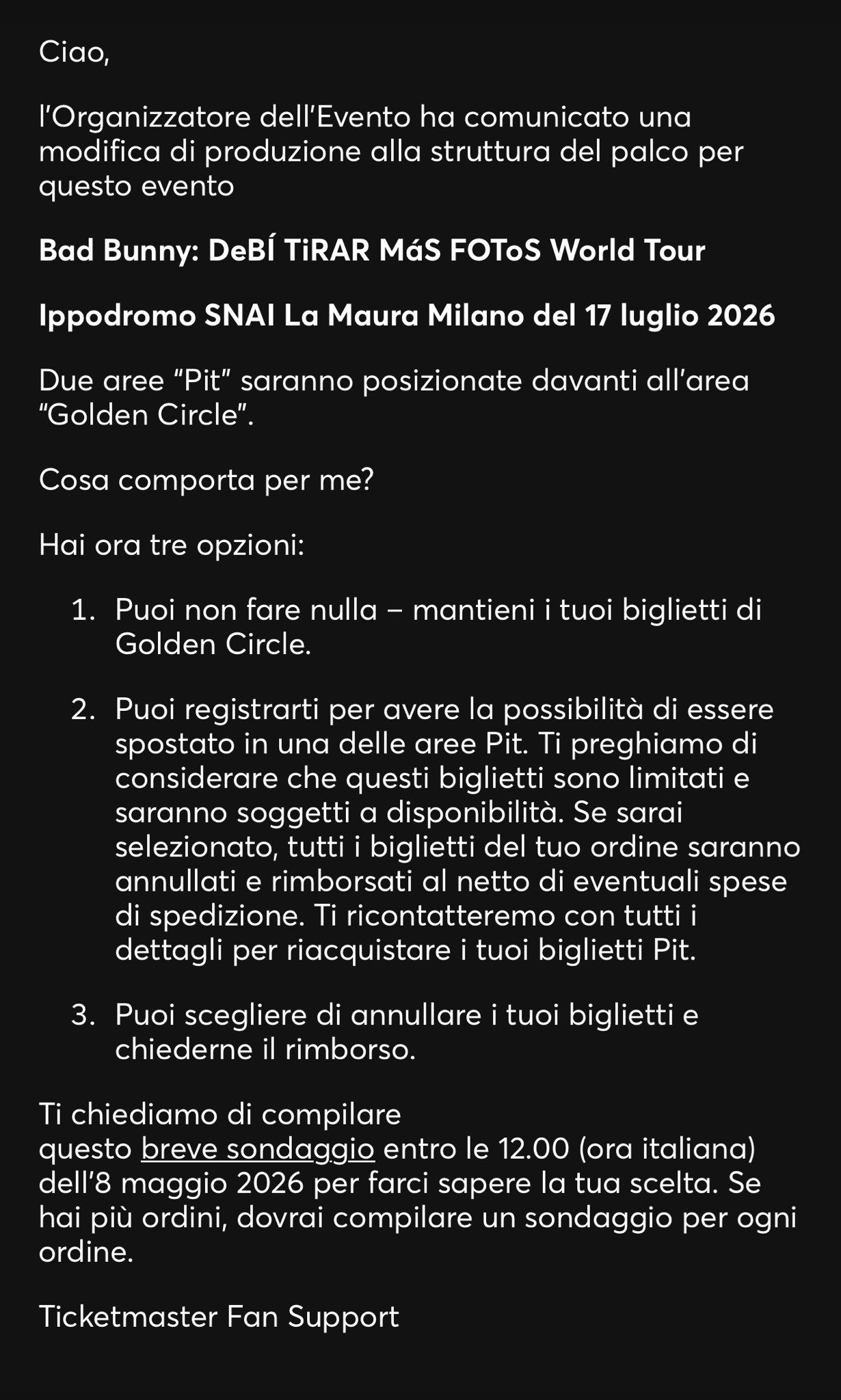 La mail inviata da TicketMaster per il concerto di Bad Bunny, 2026
